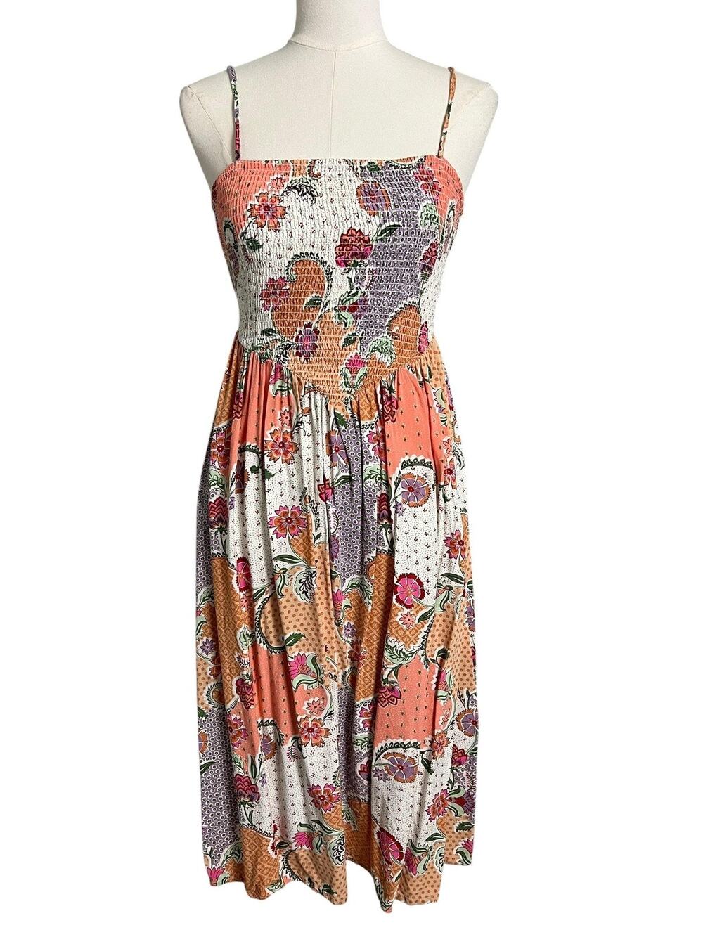 Patrons Of Peace Sundress Womens XS Multicolor Floral Smocked Midi Boho Summer